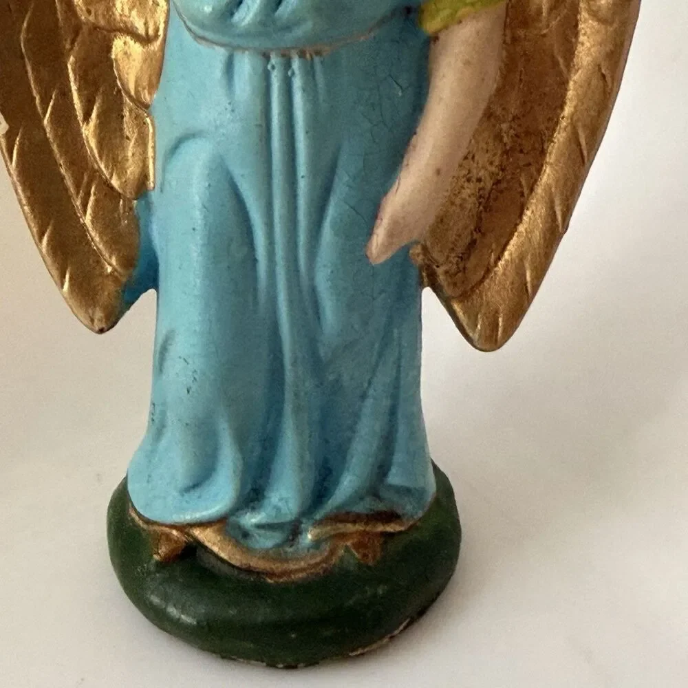 Vintage German Nativity Angel Figurine 6” Blue Robe Gold Wings Hand Painted